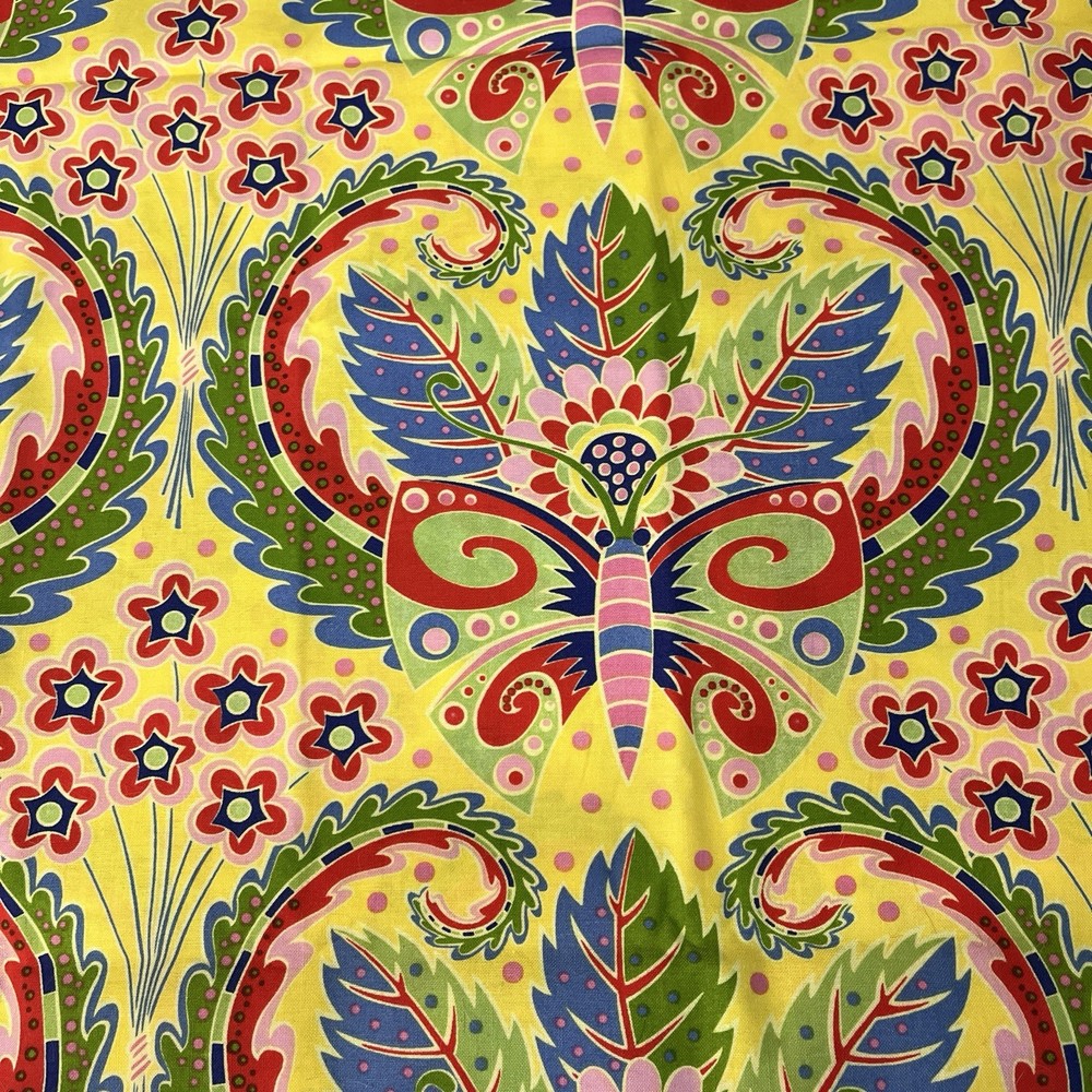 Jane’s Butterfly Garden Yellow Pink Green Paisley Floral Sassaman BTY