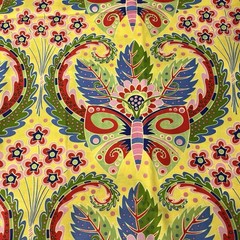 Jane’s Butterfly Garden Yellow Pink Green Paisley Floral Sassaman BTY