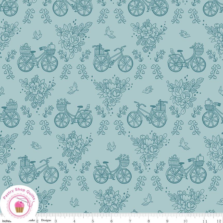Riley Blake SWEET PICNIC 12095S Sky Aqua Bicycles Floral Quilt Fabric