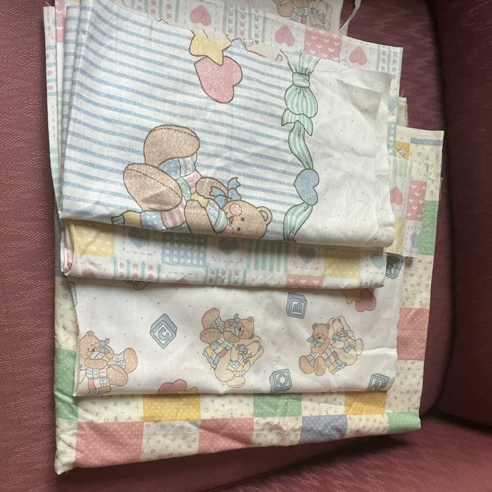 Vintage baby fabric gender neutral pastels Bears Patchwork Multicolor Hearts