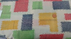 COTTON FABRIC – RED, YELLOW, BLUE & GREEN PATCHES ON WHITE – BTY