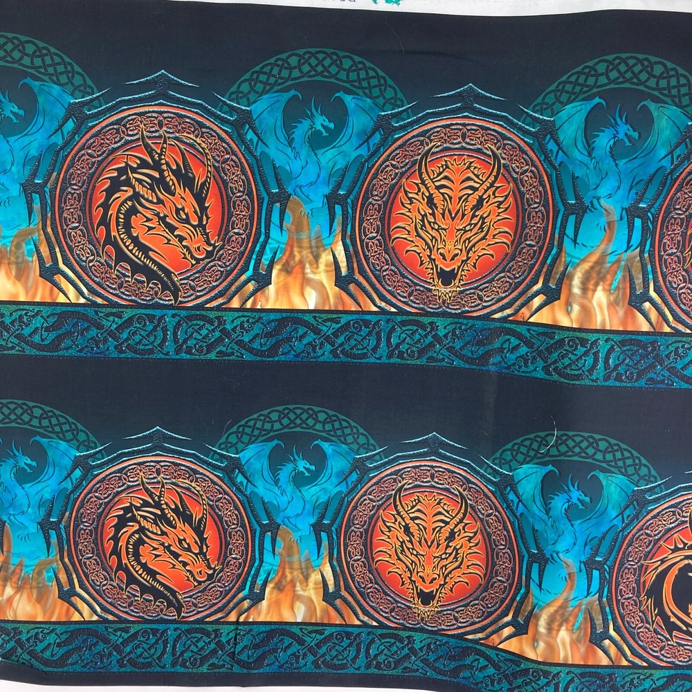 Emerald Reign Dragons Celtic Circles Border Fabric Green Orange Fire Red BTY