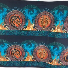 Emerald Reign Dragons Celtic Circles Border Fabric Green Orange Fire Red BTY