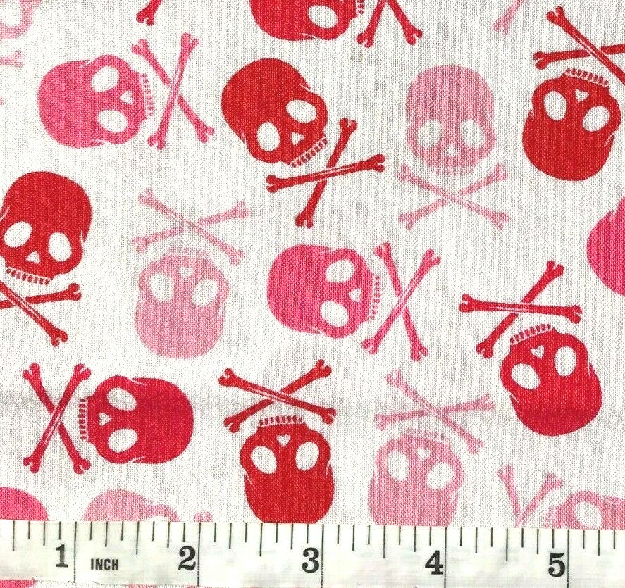 Skulls – Red and Pink on White by David Textiles – Quilt Fabric – 1 Yard