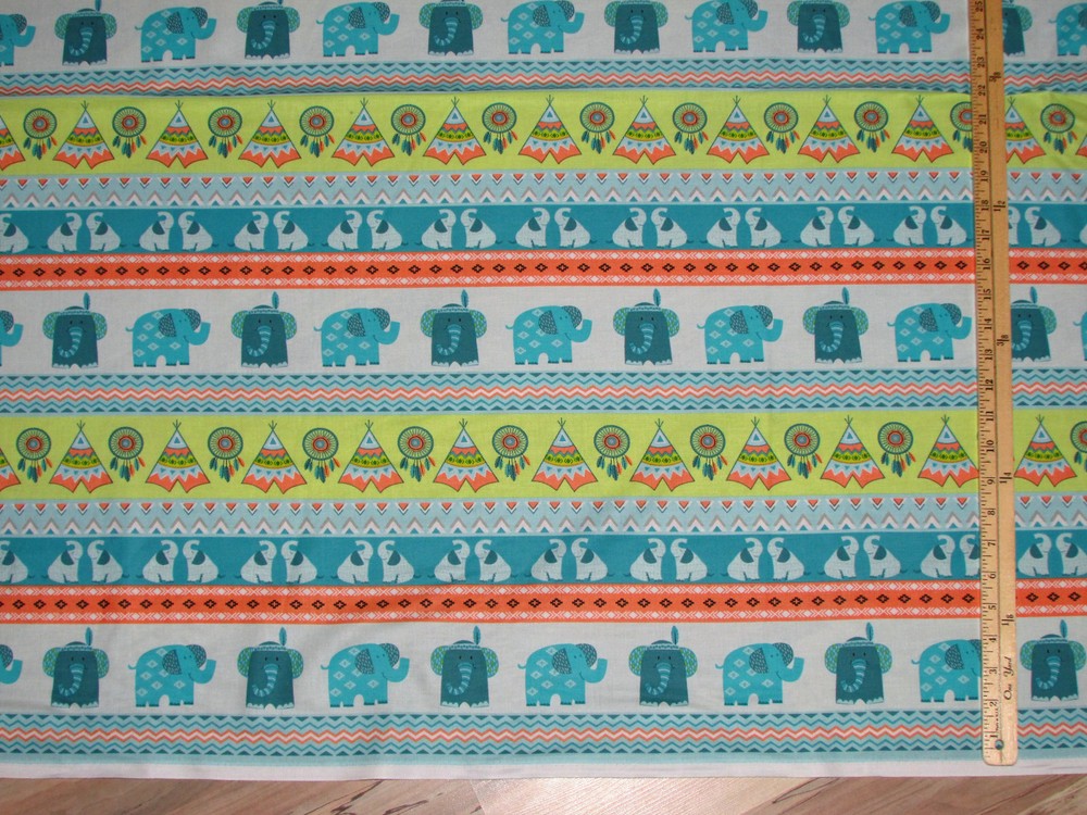 Boho Baby Blue/Green Novelty Stripe Elephant Indian Fabric 1/2 Yard #4303