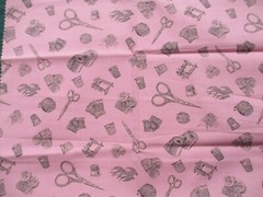 Fabric Red Rooster “Sewing” 3 Pc Sampler Pink Stipple & Implements & Tags $3.95