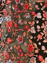 Italian designer Chiffon Velvet Burnout black base with red blue peach shades