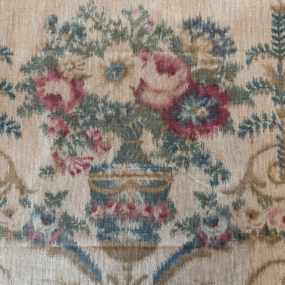 Vintage Linen Blend Turkish Style Floral Rose Bouquet Urn Scroll Fabric 3ydx35”
