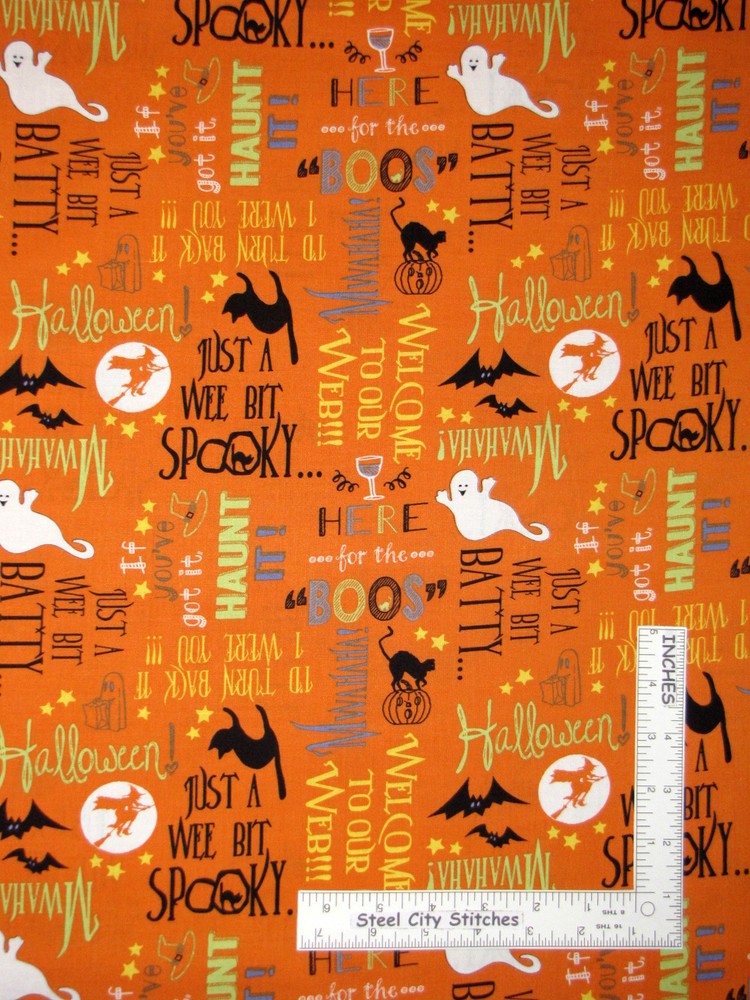 Halloween Cat Ghost Words Orange Cotton Fabric Wilmington Here For The Boos Yard