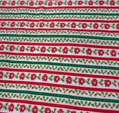Christmas Striped Fabric Poinsettia & Holly 20″ x 38″ Red/Green Cotton Quilting