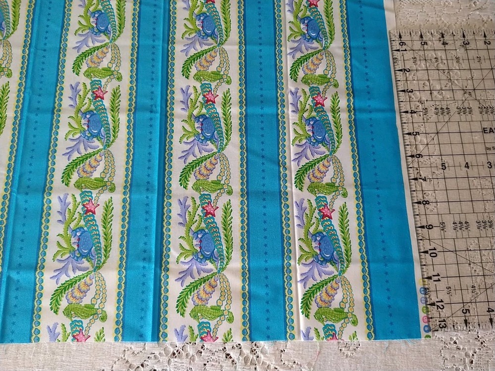 BTFQ Fabric Island Delight FreeSpirit Beach Tropical Crabs Seahorse Blue Stripe