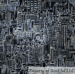 BonEful Fabric FQ Cotton Quilt Black White Gold Metallic City Building Scenic US