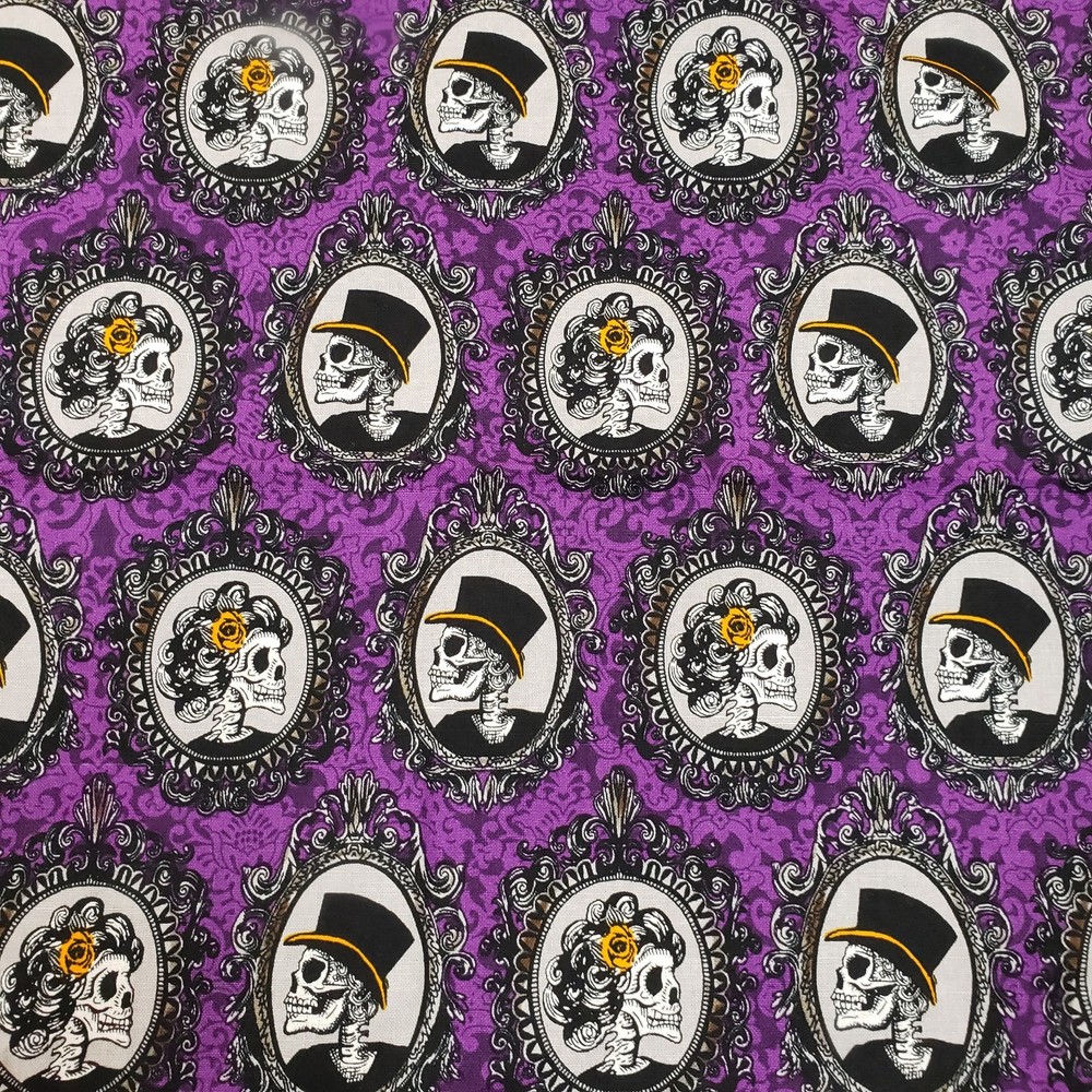 Steam Punk PURPLE Oval Dasmark Cameo Skull Top Hat Adored Flowers 1 Yd