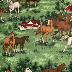 Vintage Cranston Horses on Farm with Barns on Green 100% Cotton ~ By the Yard
