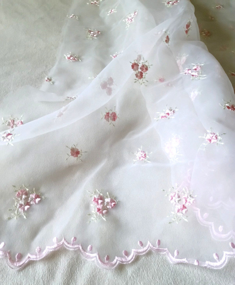 Tulle Fabric Panel, Embroidered Pink Flowers on Semi Sheer Organza; 44 x 88 in