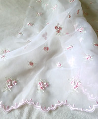Tulle Fabric Panel, Embroidered Pink Flowers on Semi Sheer Organza; 44 x 88 in