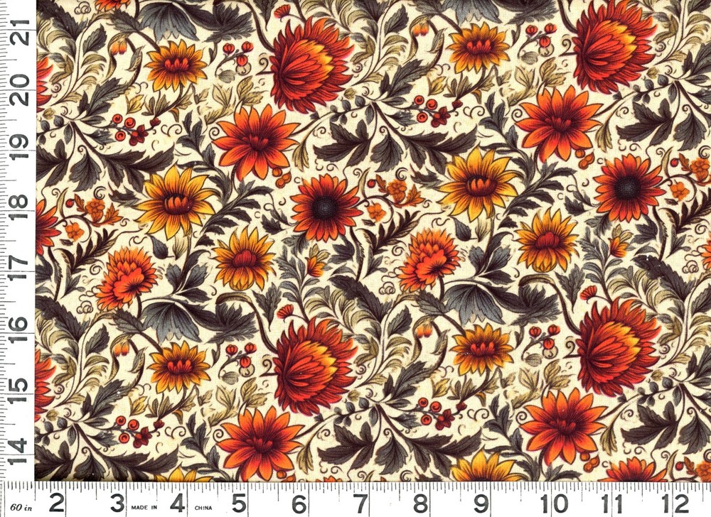 Dark Red Gold Victorian Flowers Dark Cream Quilting Sewing Fabric by Yard #1139