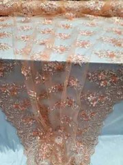 Peach 3D Floral Lace Fabric with Pearls & Scalloped Mesh by the Yard