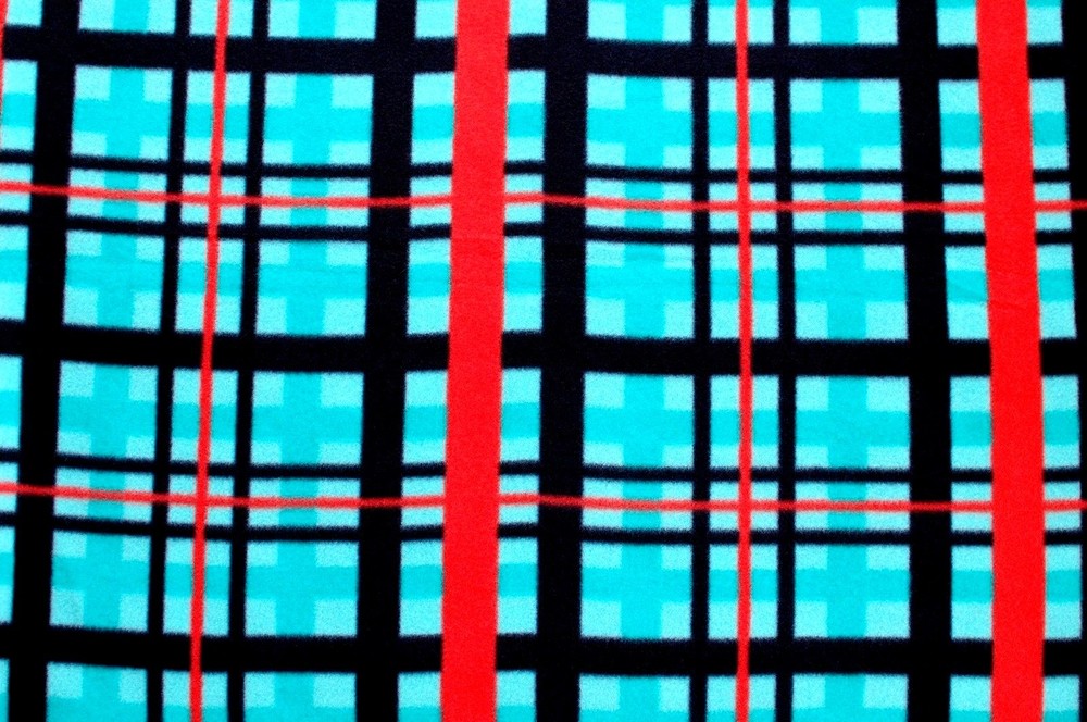 BTY PREP PLAID BLACK & ORANGE STRIPES ON TURQUOISE FLEECE FABRIC YD 60 X 36″