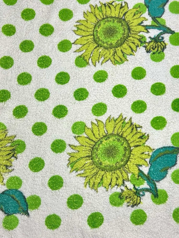 Vintage Mod Flower Power Terry Cloth Fabric Tablecloth Sunflower Polka Dot Retro