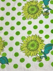 Vintage Mod Flower Power Terry Cloth Fabric Tablecloth Sunflower Polka Dot Retro