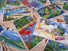 1 yd Tropical Vacation Fabric D#12386 Cotton 42 inches wide Postcards Birds Boat