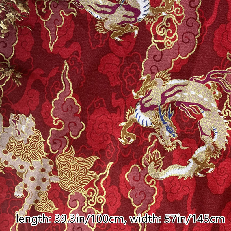 Cotton Fabric Cloth Chinese Dragon Printed for Costume Handmade Crafts Sew Retro