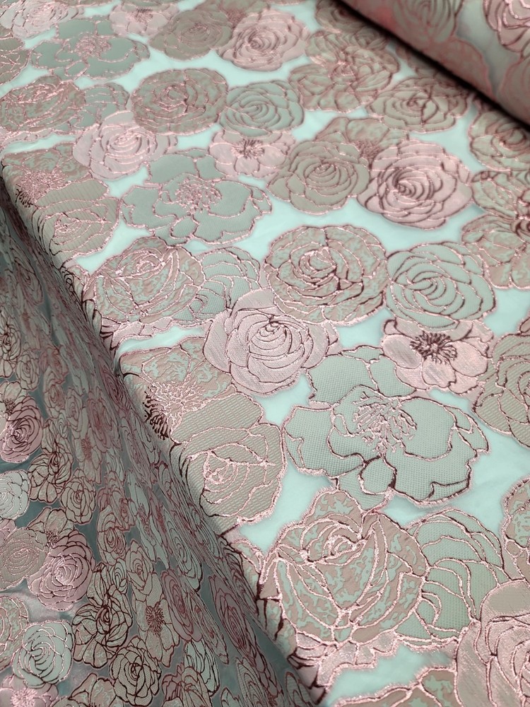 Blush Pink Metallic Floral Brocade Fabric Sold By The Yard On White Organza