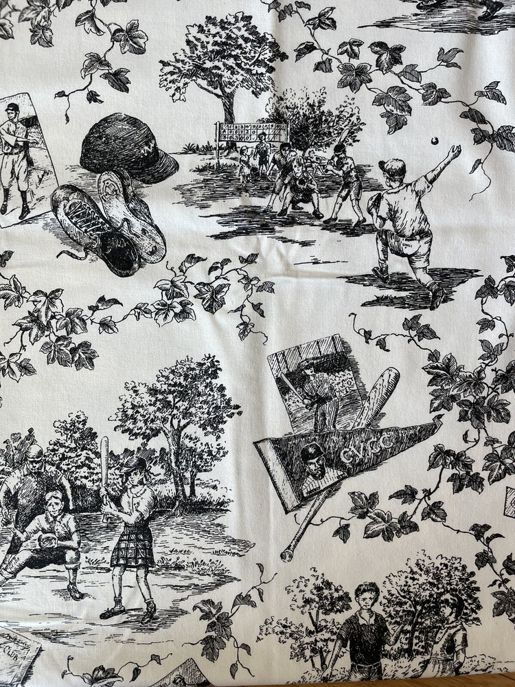 Vintage Baseball Motif Black Cream Toile Decorator Fabric 1.5 yds x56″