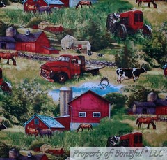 BonEful Fabric FQ Cotton Quilt VTG Green Grass Tree Farm Red Barn Truck Horse UK