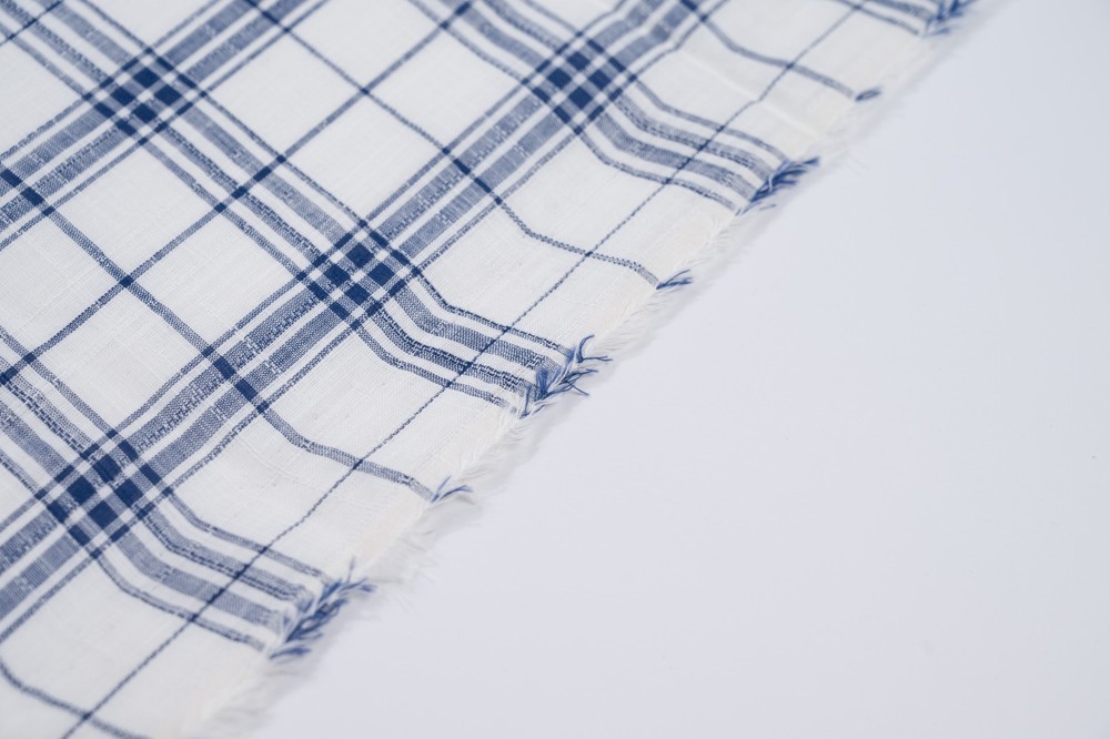 Luxury 100% Linen Shirt Fabric White Blue Check 130g 2m For Bespoke Shirt Italy