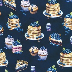 KAUFMAN – Blueberry Brunch by Sevenberry – Muffins – Starry Night ,1/4 yard