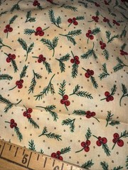 Red Berries Green Pine-Needles on Marbled-Tan Cotton/SSI/ Kari Pearson 1.5 Yds
