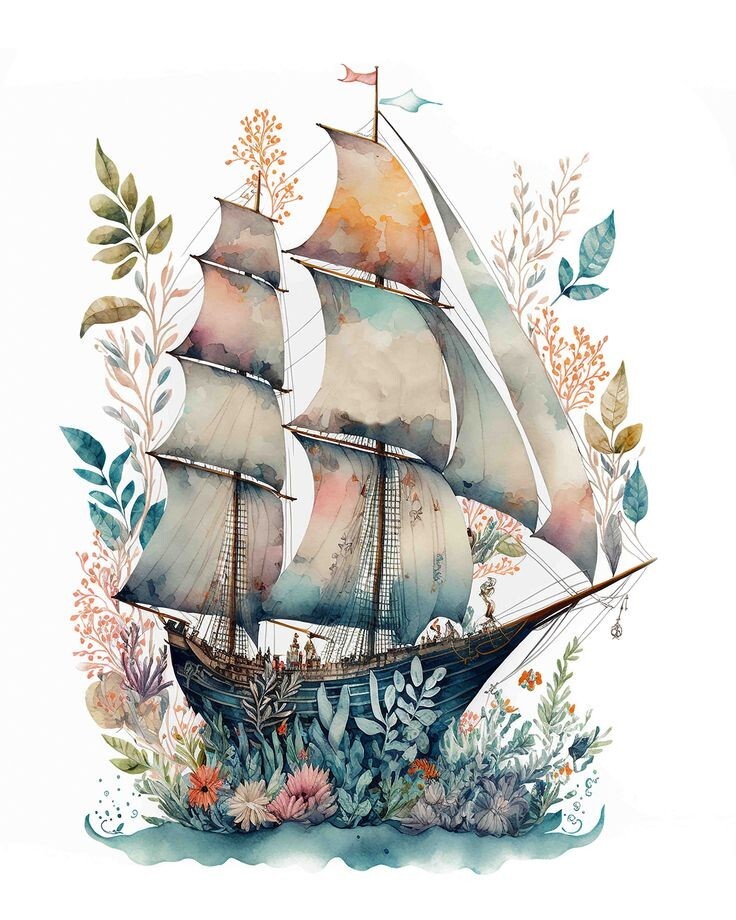 Cottage Shabby Chic 8×10 Watercolor Ship & Flowers Cotton Fabrics Block