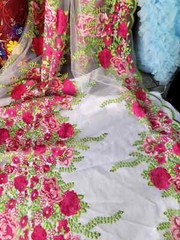 “Fuchsia Floral Lace Fabric on White Mesh with Green Leaf Embroidery – Sold by t