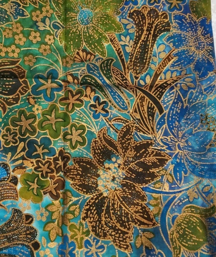 1 Yard Fabric Teal Blue Gold Green Flower Peacok Vibes