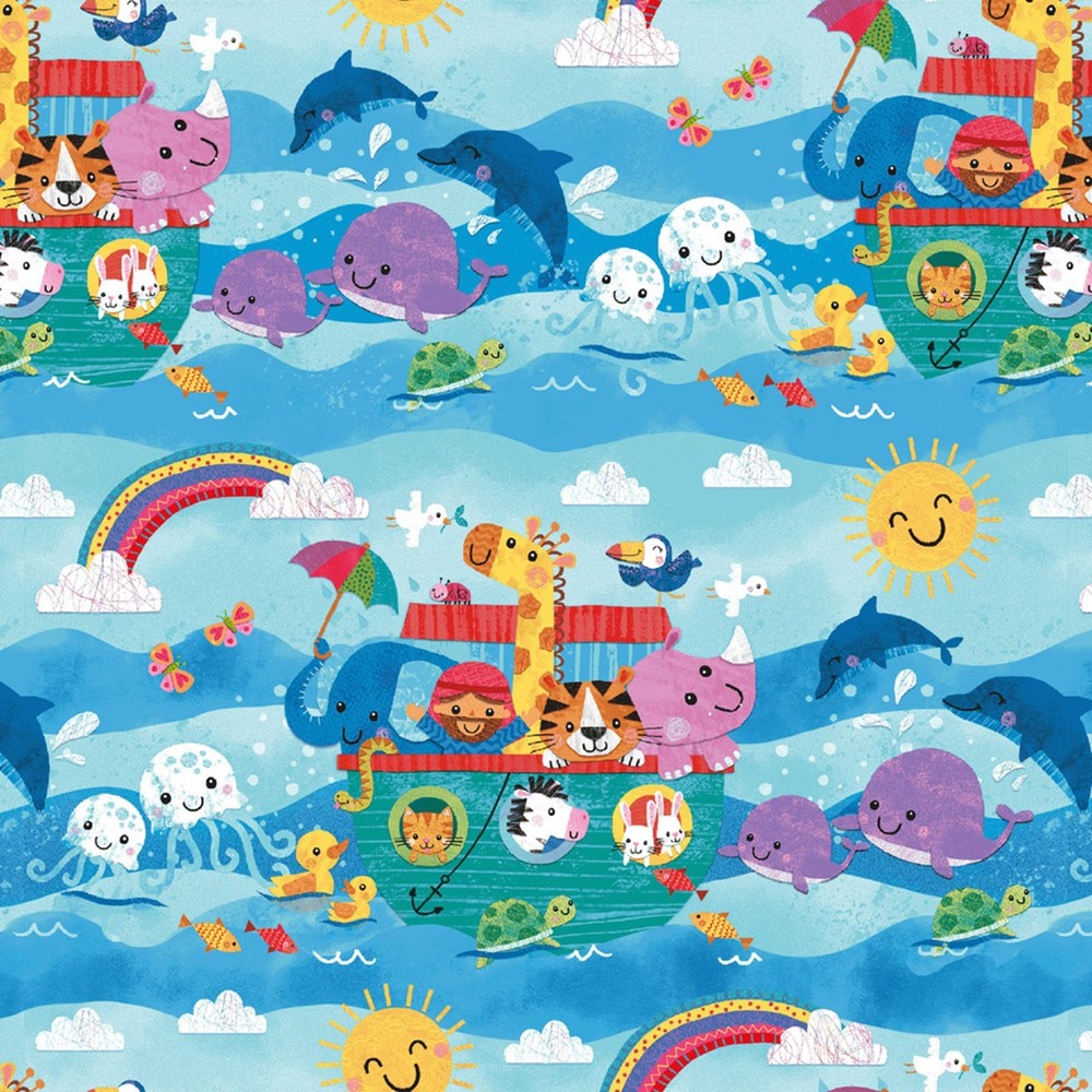 Noah Arc Sailing Ocean Fish Waves Baby Animals Children’s Multi Cotton Fabric