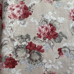 Braemore Floral Home Decor Fabric ~ Red Pink Roses & Geraniums on Taupe ~ BTY