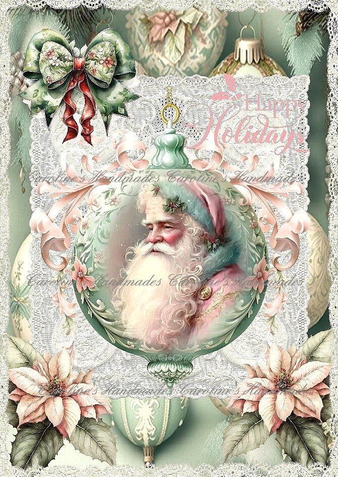 Shabby Chic Santa Pink & Green Designer Cotton Fabric Quilt Block Multi-size
