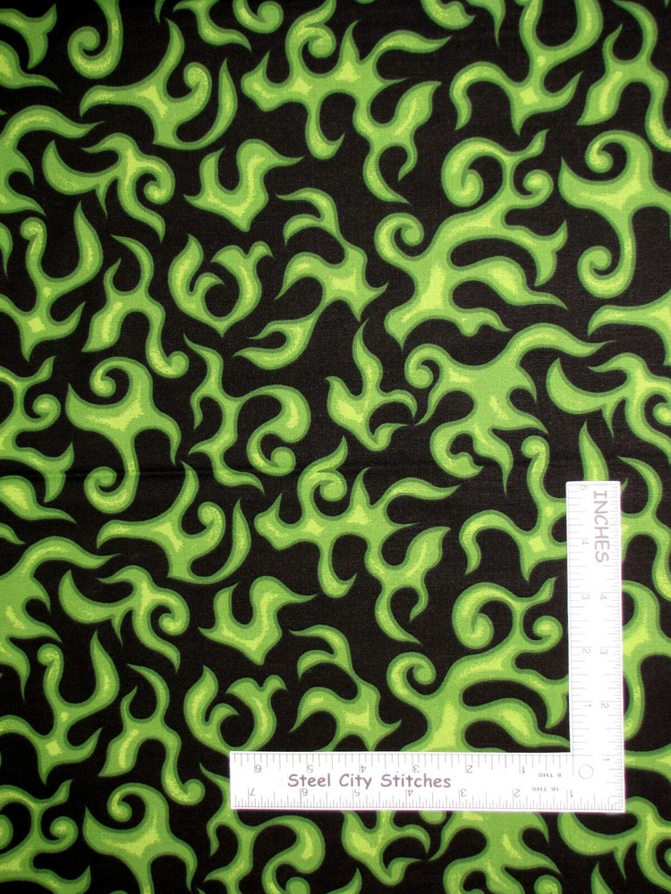 Fire Flame Green Flames on Black Fabric By the Yard Cotton