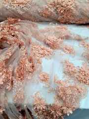 Peach Floral 3D Beaded French Embroidered Handmade Mesh 3D Lace Fabric By Yard