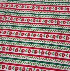 Christmas Striped Fabric Poinsettia & Holly 20″ x 38″ Red/Green Cotton Quilting