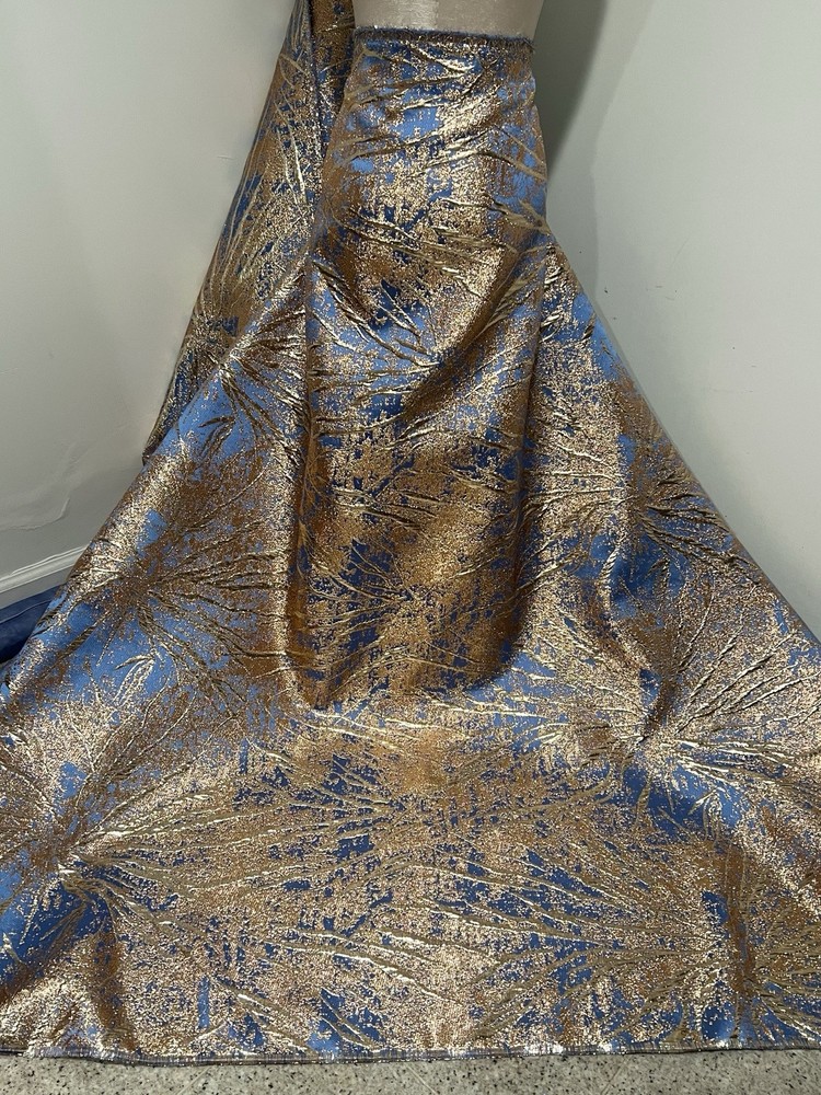 Blue Gold Jacquard Metallic Brocade Fabric 58” Width Sold By The Yard