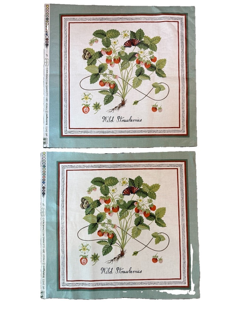 VTG Lot Of 2 Strawberry Cotton Sateen Fabric Pillow Panel Uncut Botanical