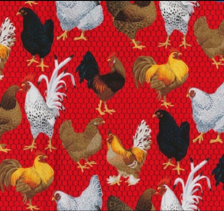 Red Chickens – Roosters Novelty Fabric by Fabric Traditions, Half Yard