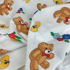 Vintage Teddy Bear Duck Flowers Novelty Print Nursery Fabric 55″ L x 45″ W