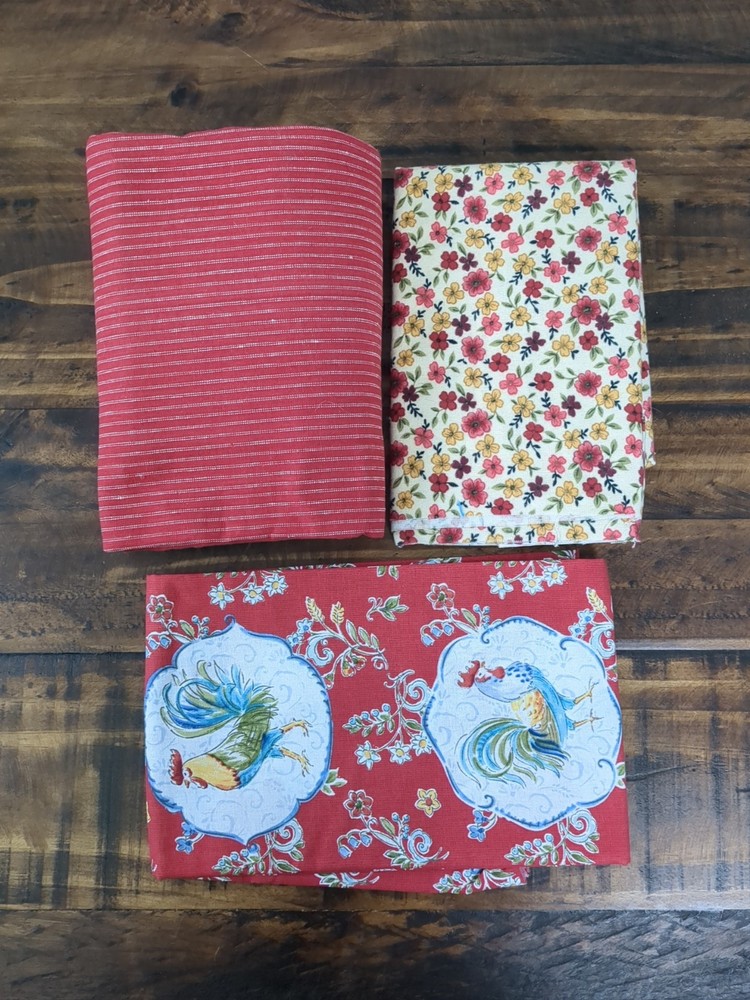 Lot of 3 Country/Rooster theme Fabric, red, roosters, flowers, stripes, 1lb 9oz