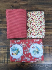 Lot of 3 Country/Rooster theme Fabric, red, roosters, flowers, stripes, 1lb 9oz