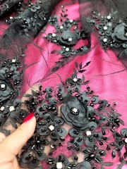 Black 3D Floral Lace Embroidered Rhinestones in a Mesh Lace Fabric By Yard