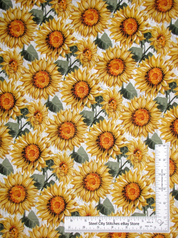 Autumn Sunflowers Fabric Sunflower Floral Fall Flowers Gray White Cotton By Yard